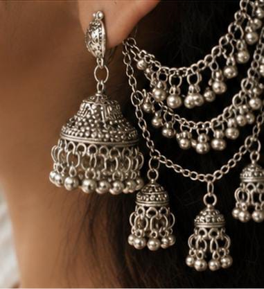 Traditional Oxidized Silver Bahubali Jhumka Ear-Chains in Germany
