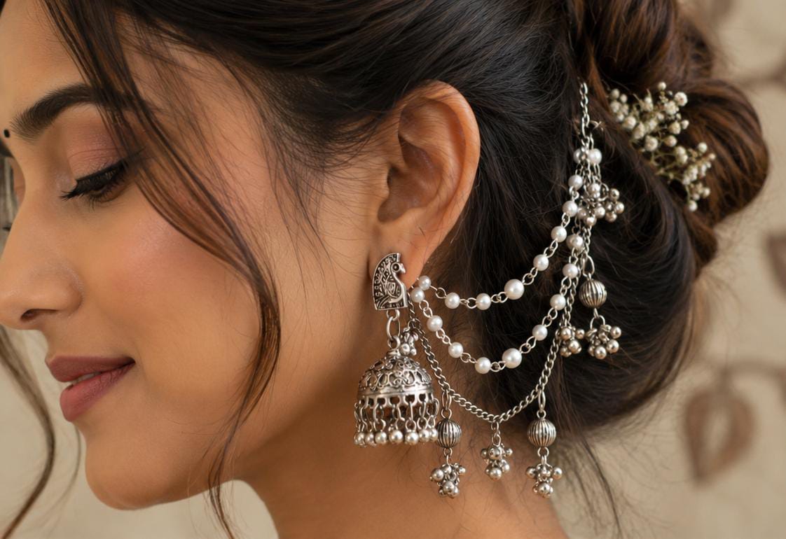 Oxidized Silver Bahubali Jhumka Earrings with Multi-Layered Pearl Sahara Ear Chain in Germany