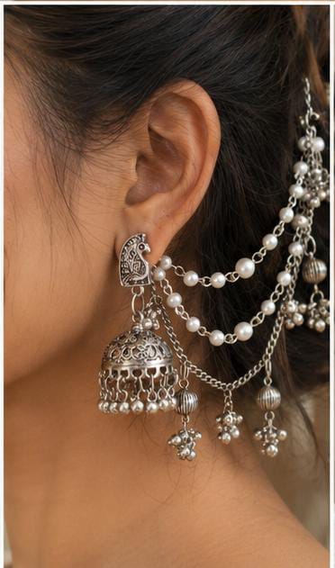 Oxidized Silver Bahubali Jhumka Earrings with Multi-Layered Pearl Sahara Ear Chain in Germany