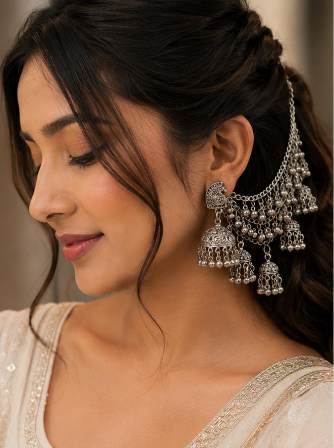Traditional Silver Oxidized Bahubali Jhumka Hair Chain Earrings in Germany