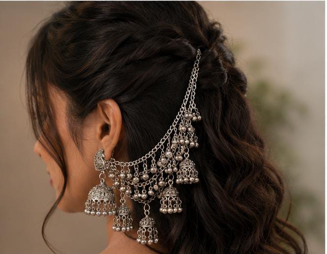 Traditional Silver Oxidized Bahubali Jhumka Hair Chain Earrings in Germany