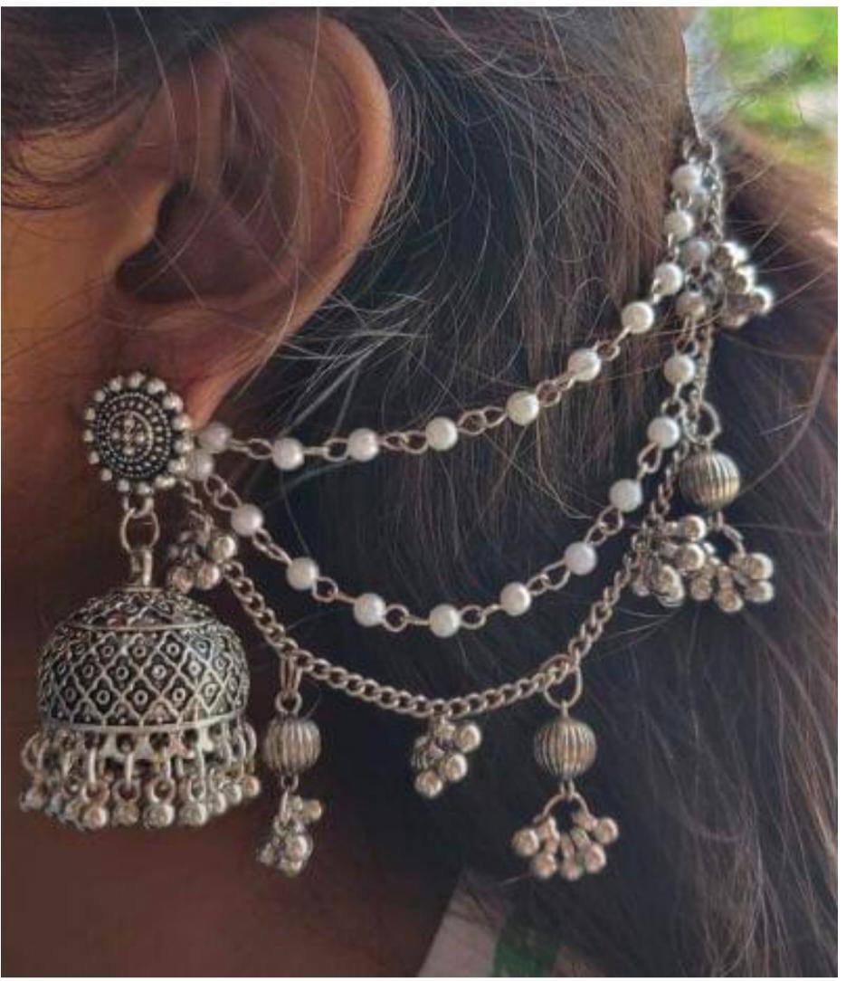 Oxidized Silver Bahubali Jhumka Earrings with Layered Pearl Hair Chains (Kaan Chain) in Germany