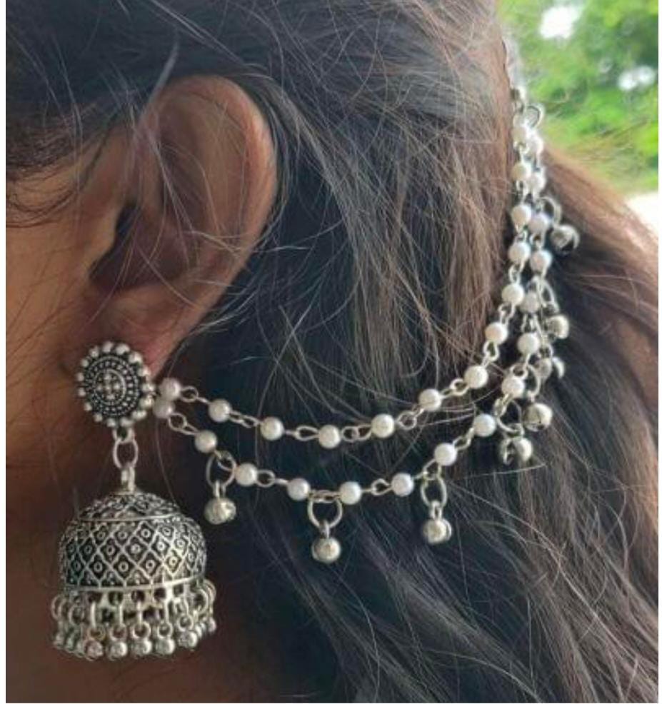 Oxidized German Silver Stud Jhumka with Dual-Layer Pearl Ear Chain in Germany