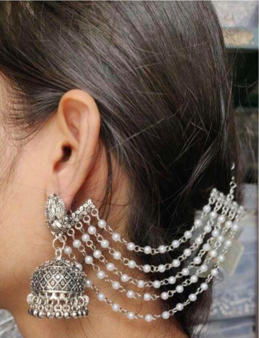 Trending German Silver Oxidized Stud Jhumki Earrings with 5-Layer Pearl Detachable Ear Chain in Germany