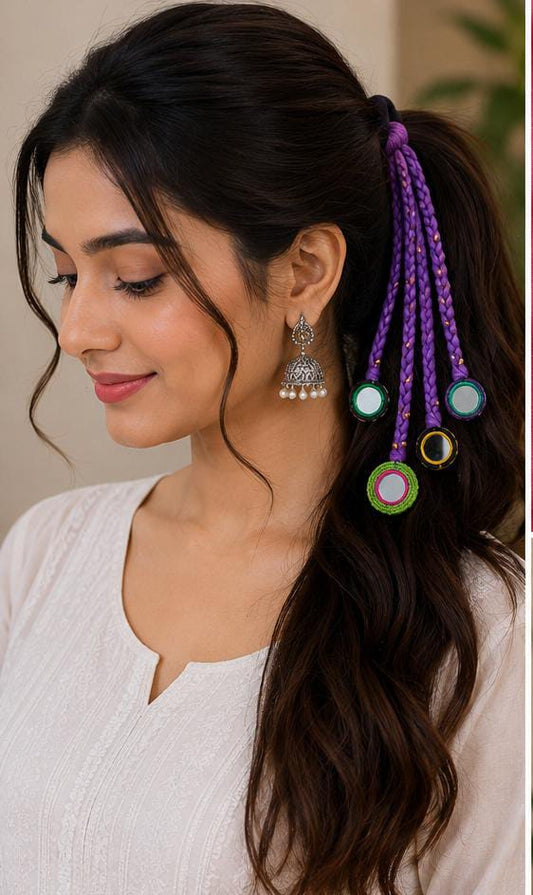 Elegant Festive Ponytail with Purple Mirror-Work Paranda in Germany