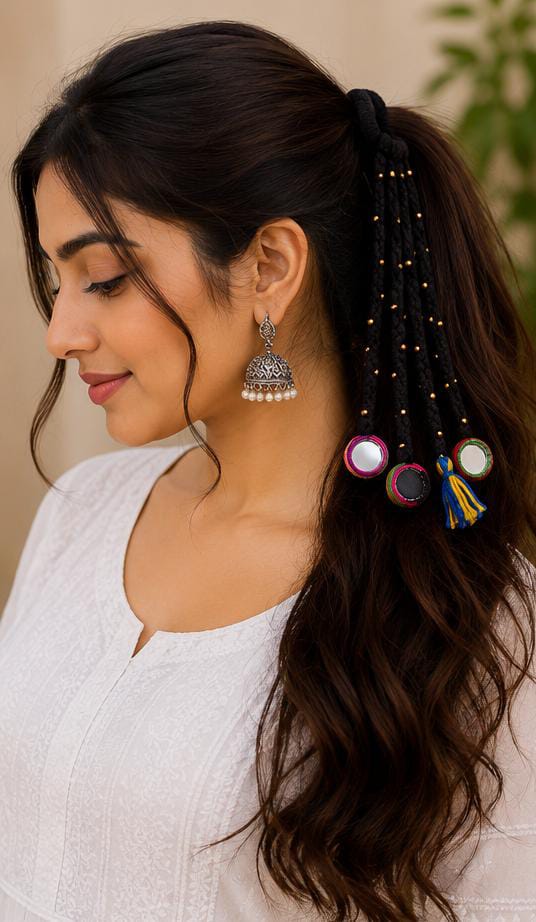 Elegant Festive Ponytail with Black Mirror-Work Paranda in Germany