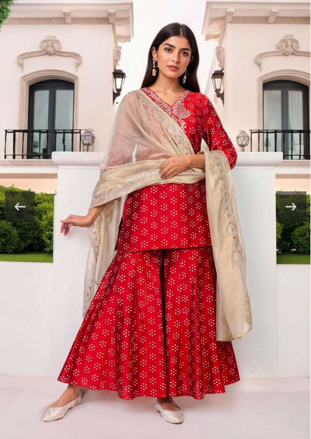 Red Embroidered Straight Art Silk Kurta with Sharara and Dupatta Set in Germany