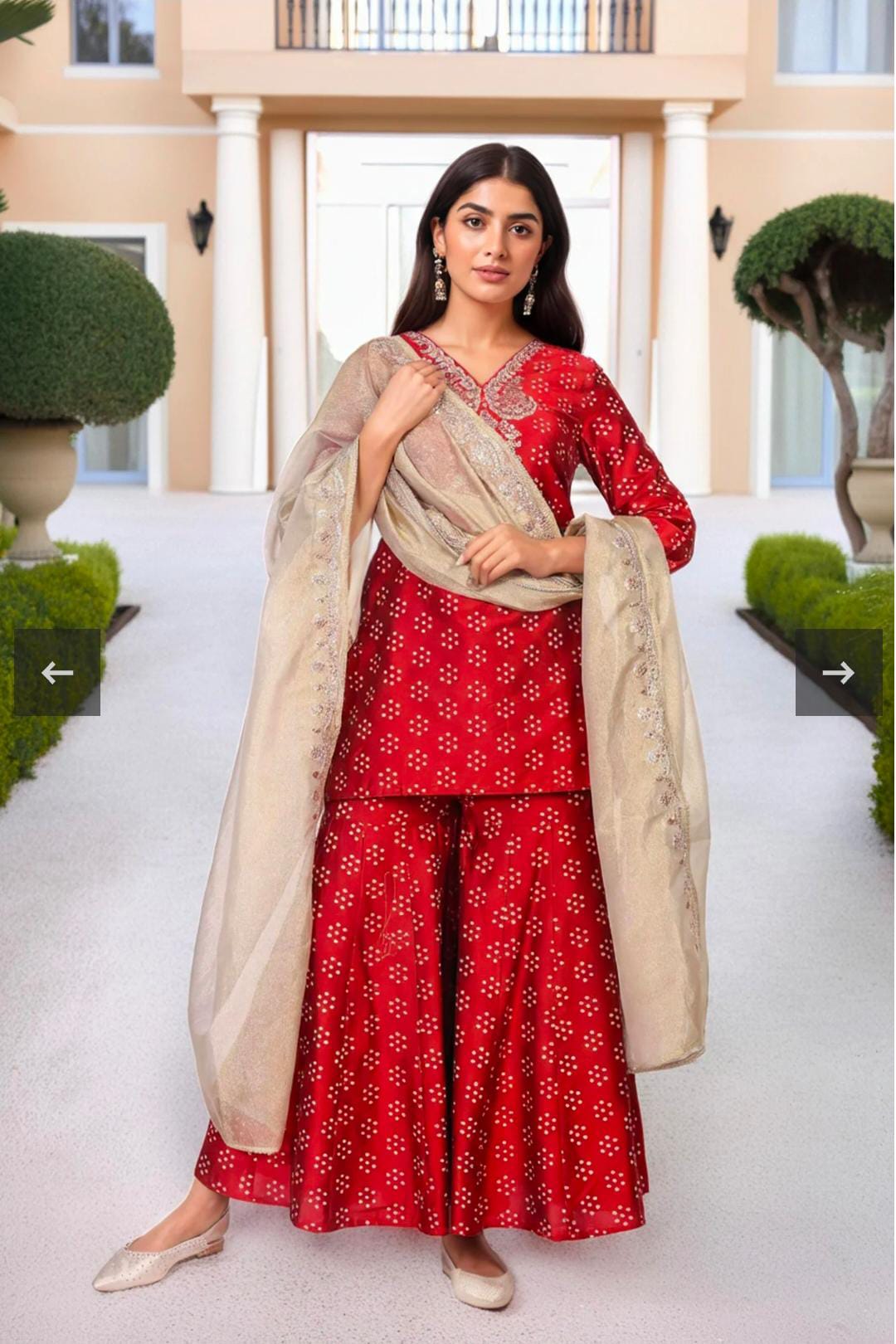 Red Embroidered Straight Art Silk Kurta with Sharara and Dupatta Set in Germany