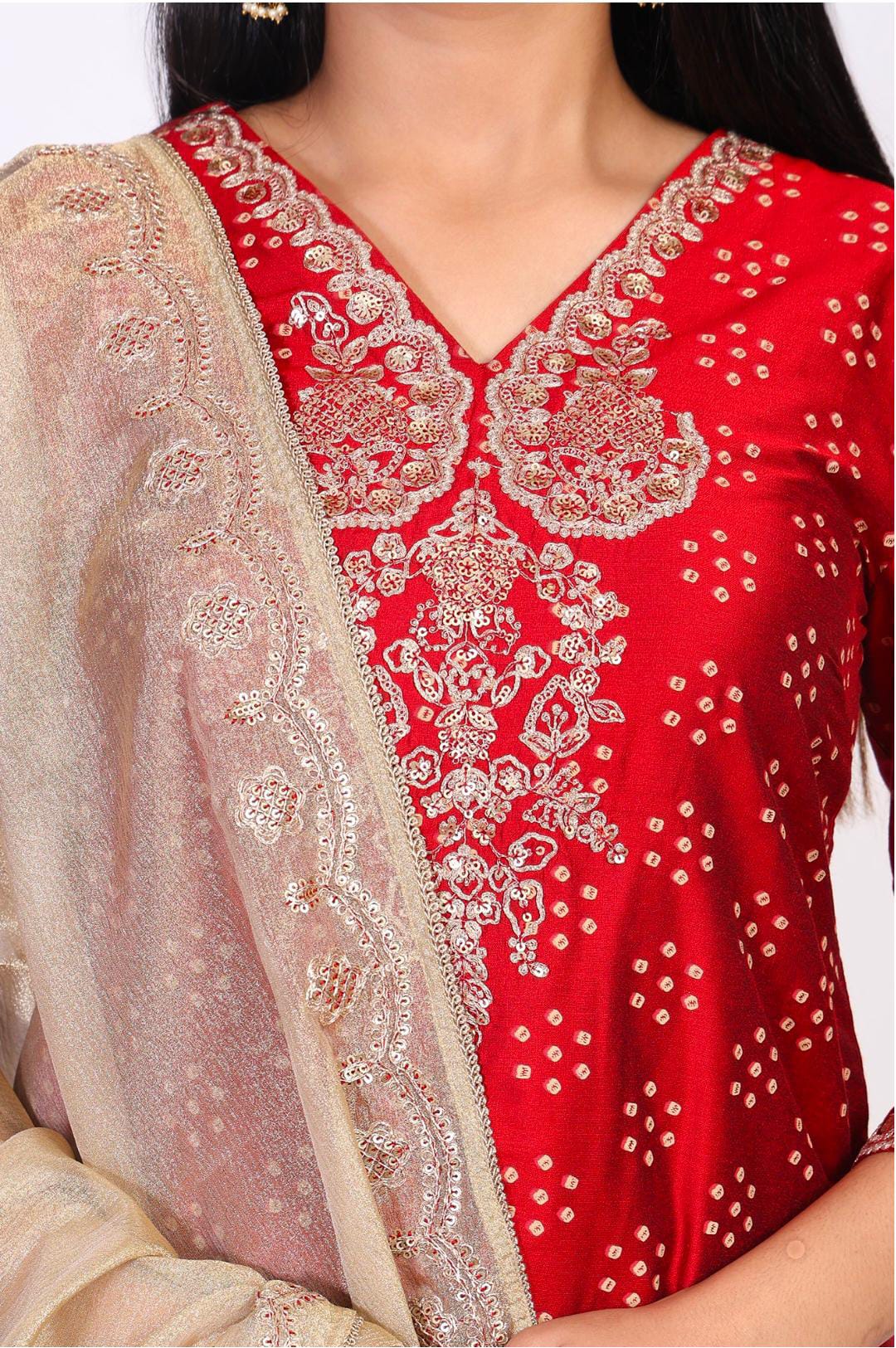 Red Embroidered Straight Art Silk Kurta with Sharara and Dupatta Set in Germany