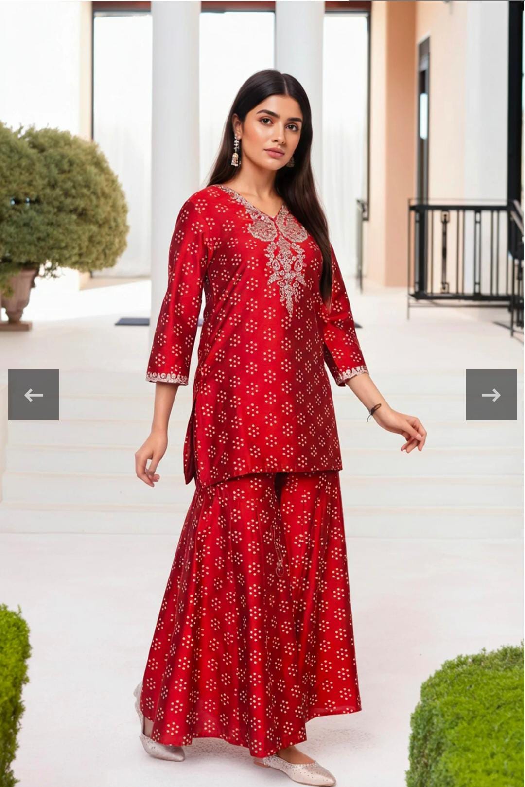 Red Embroidered Straight Art Silk Kurta with Sharara and Dupatta Set in Germany