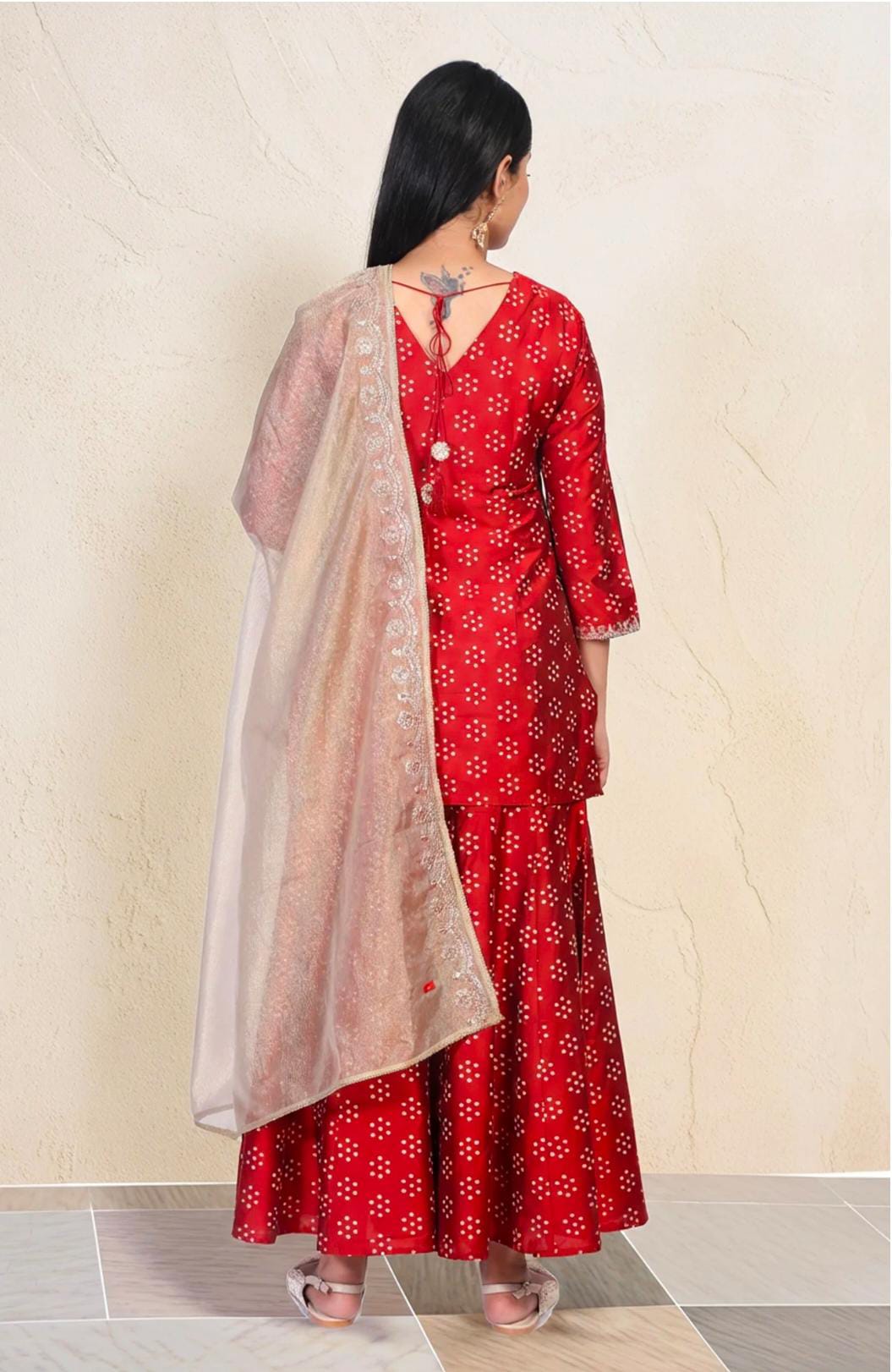 Red Embroidered Straight Art Silk Kurta with Sharara and Dupatta Set in Germany