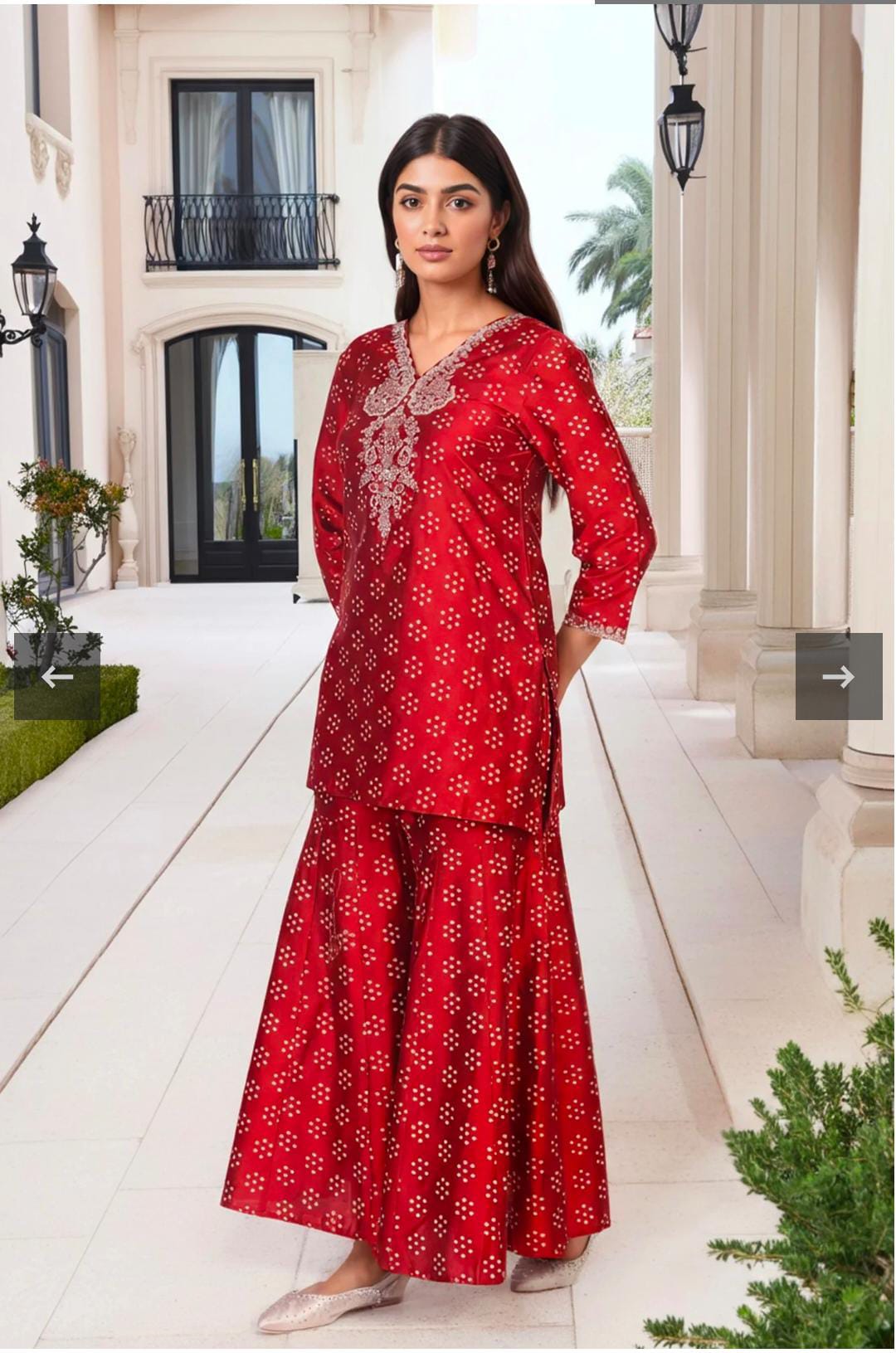 Red Embroidered Straight Art Silk Kurta with Sharara and Dupatta Set in Germany