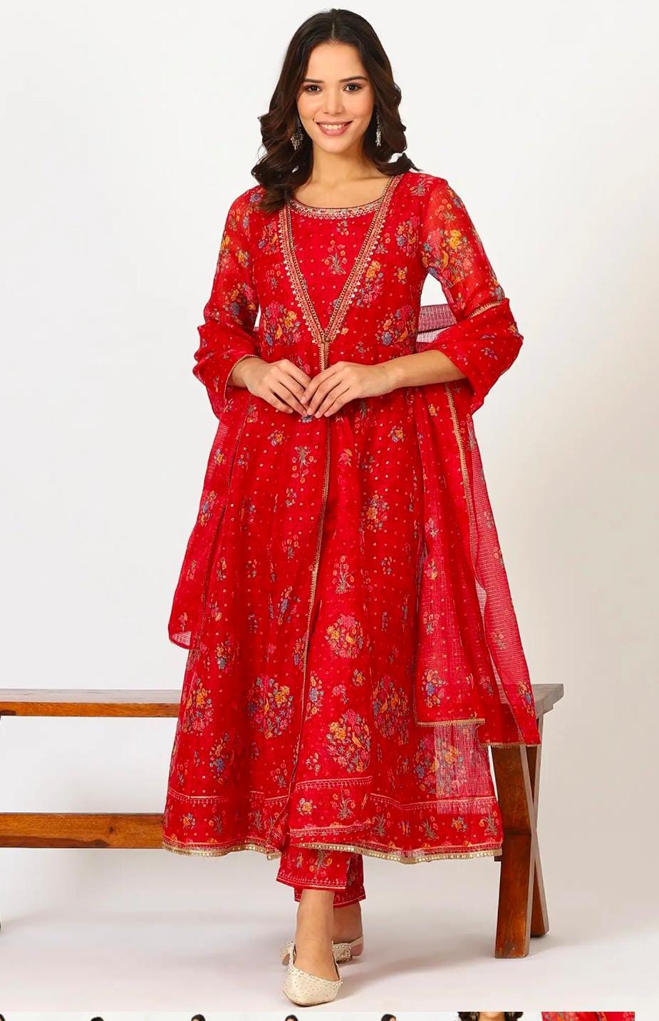 Red Polyester Printed 3/4th Sleeves Kurta Set in Germany