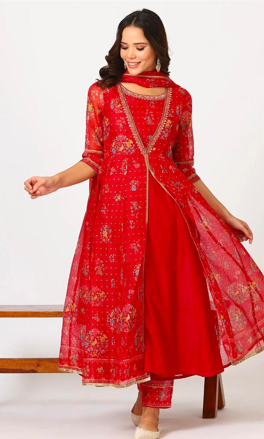 Red Polyester Printed 3/4th Sleeves Kurta Set in Germany