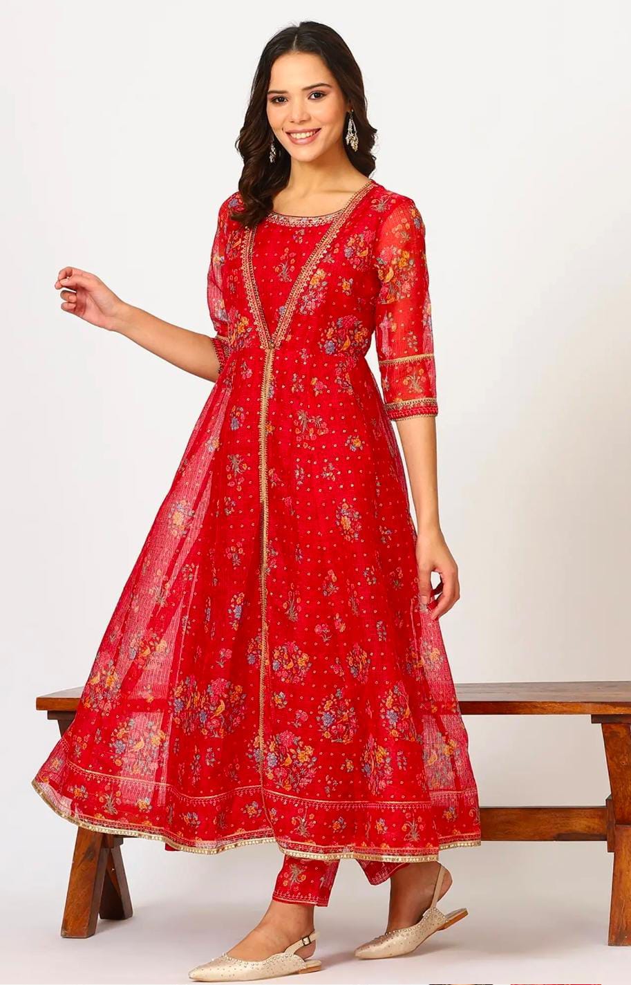 Red Polyester Printed 3/4th Sleeves Kurta Set in Germany