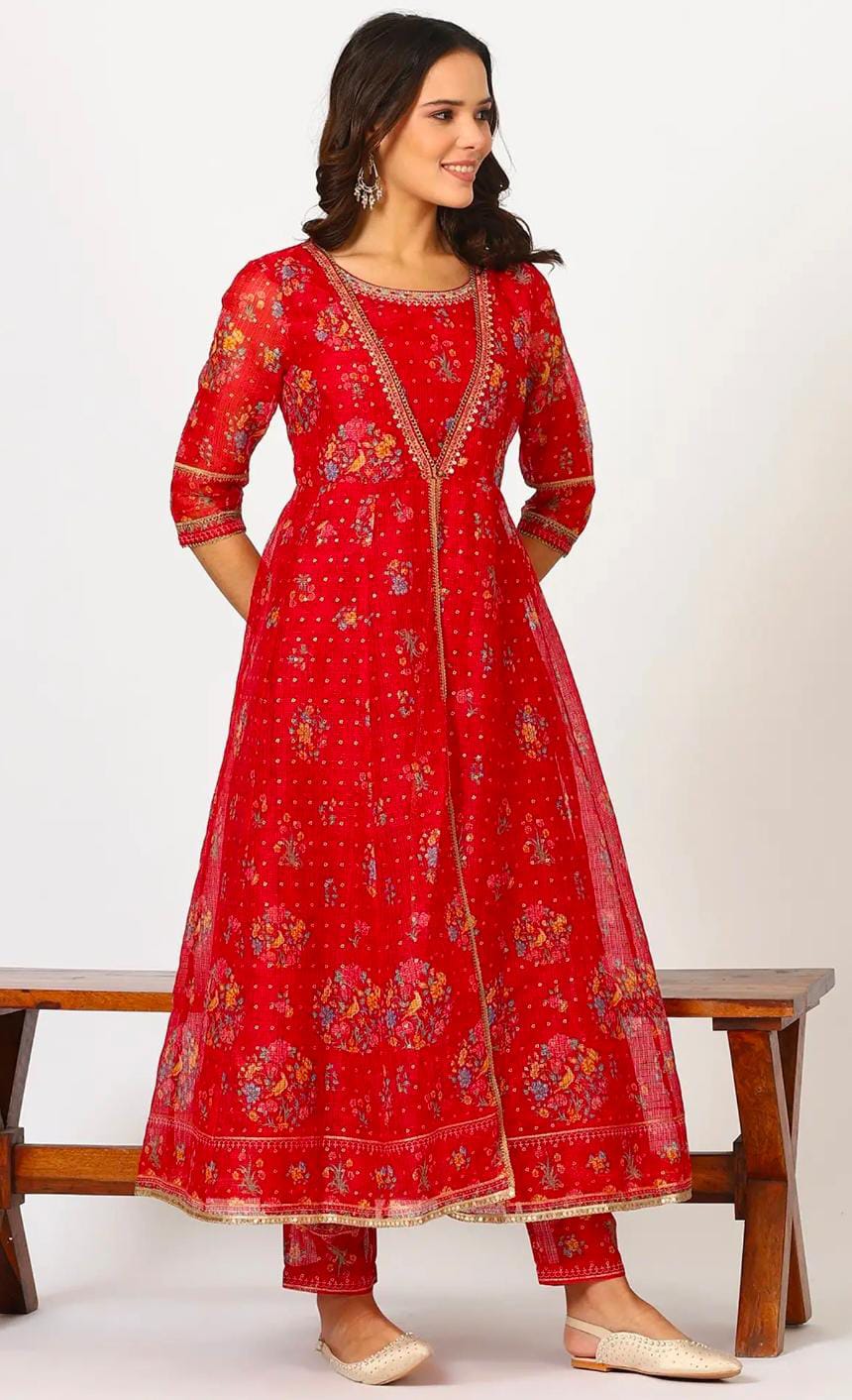 Red Polyester Printed 3/4th Sleeves Kurta Set in Germany