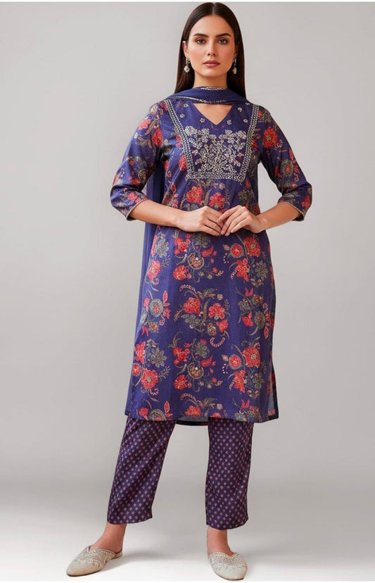Woman Floral Printed Japanese Satin Straight Kurta with Straight Pant and Dupatta Set in Germany