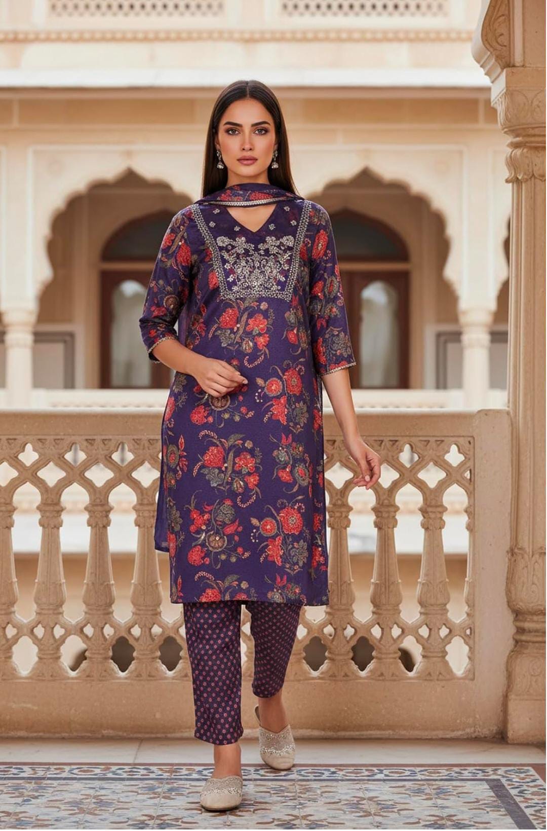 Woman Floral Printed Japanese Satin Straight Kurta with Straight Pant and Dupatta Set in Germany