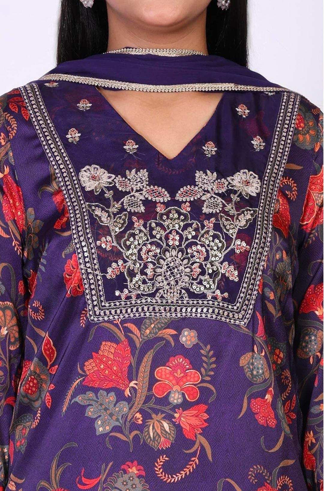 Woman Floral Printed Japanese Satin Straight Kurta with Straight Pant and Dupatta Set in Germany