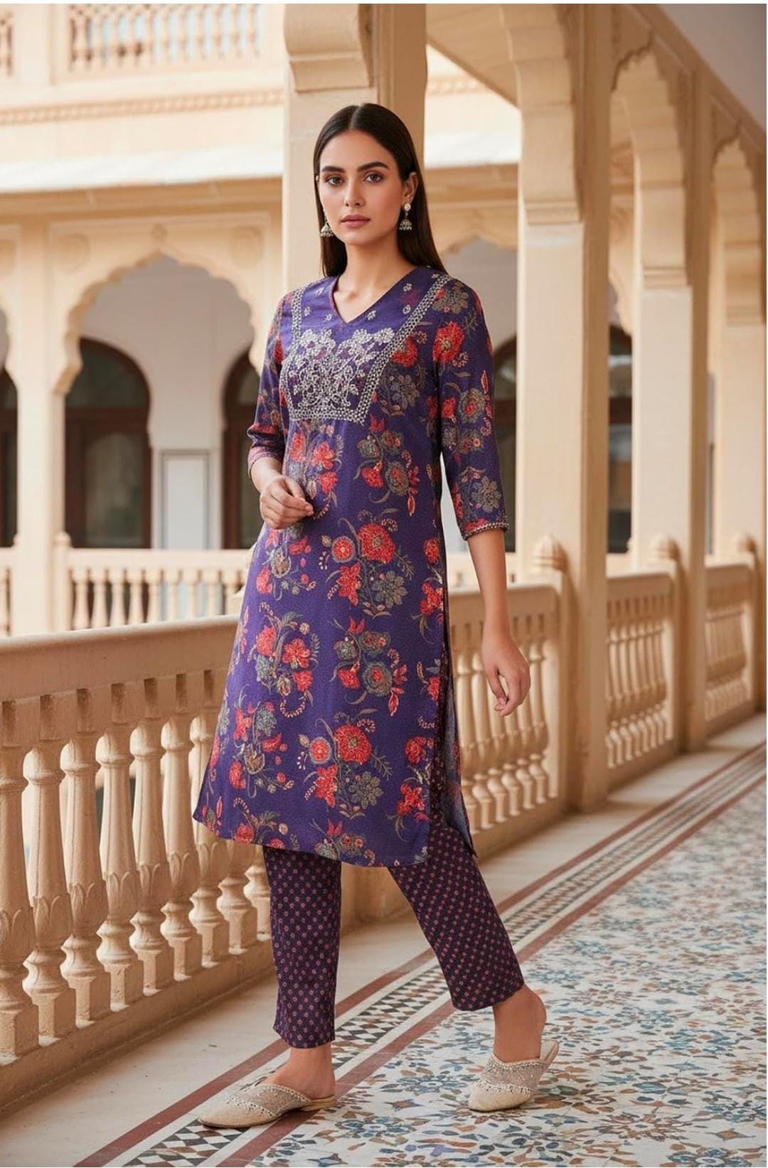Woman Floral Printed Japanese Satin Straight Kurta with Straight Pant and Dupatta Set in Germany