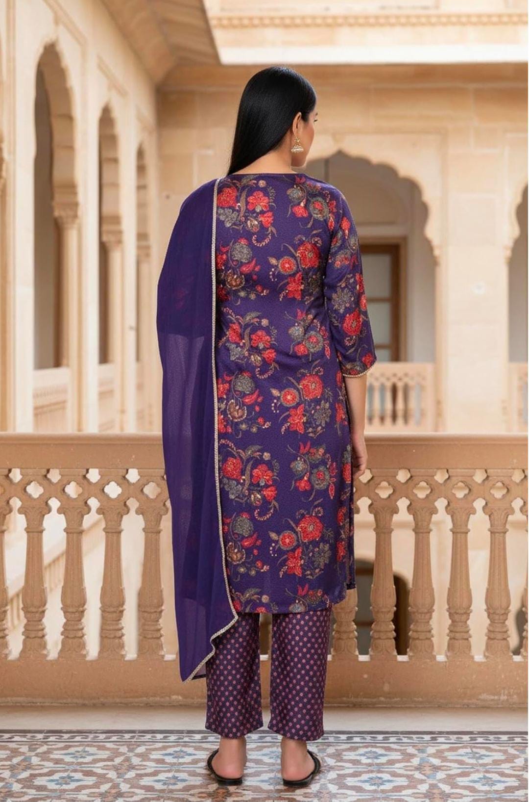 Woman Floral Printed Japanese Satin Straight Kurta with Straight Pant and Dupatta Set in Germany