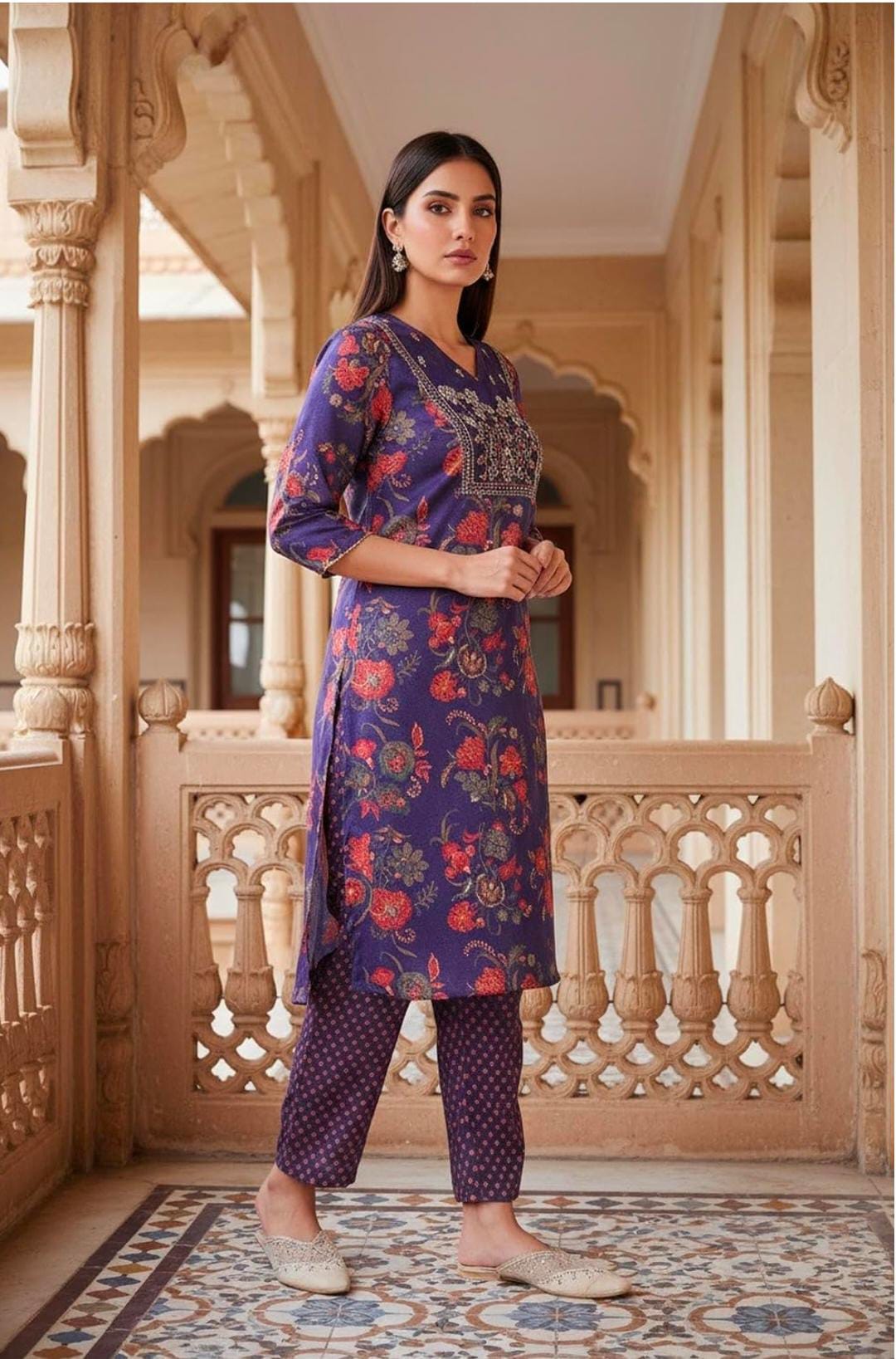 Woman Floral Printed Japanese Satin Straight Kurta with Straight Pant and Dupatta Set in Germany