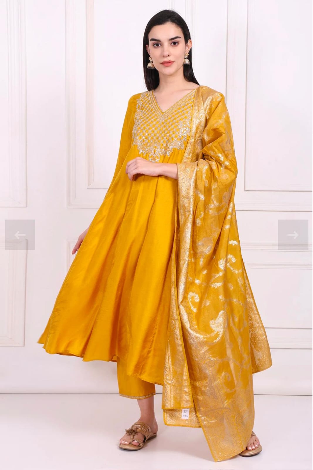 Yellow Embroidered Silk Flared Kurta, Straight Pants and Dupatta Set in Germany