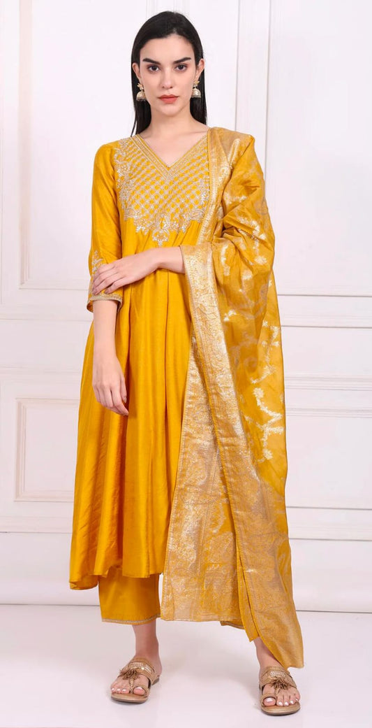 Yellow Embroidered Silk Flared Kurta, Straight Pants and Dupatta Set in Germany