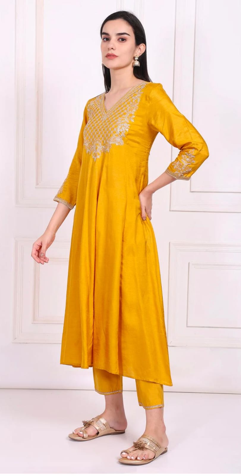 Yellow Embroidered Silk Flared Kurta, Straight Pants and Dupatta Set in Germany
