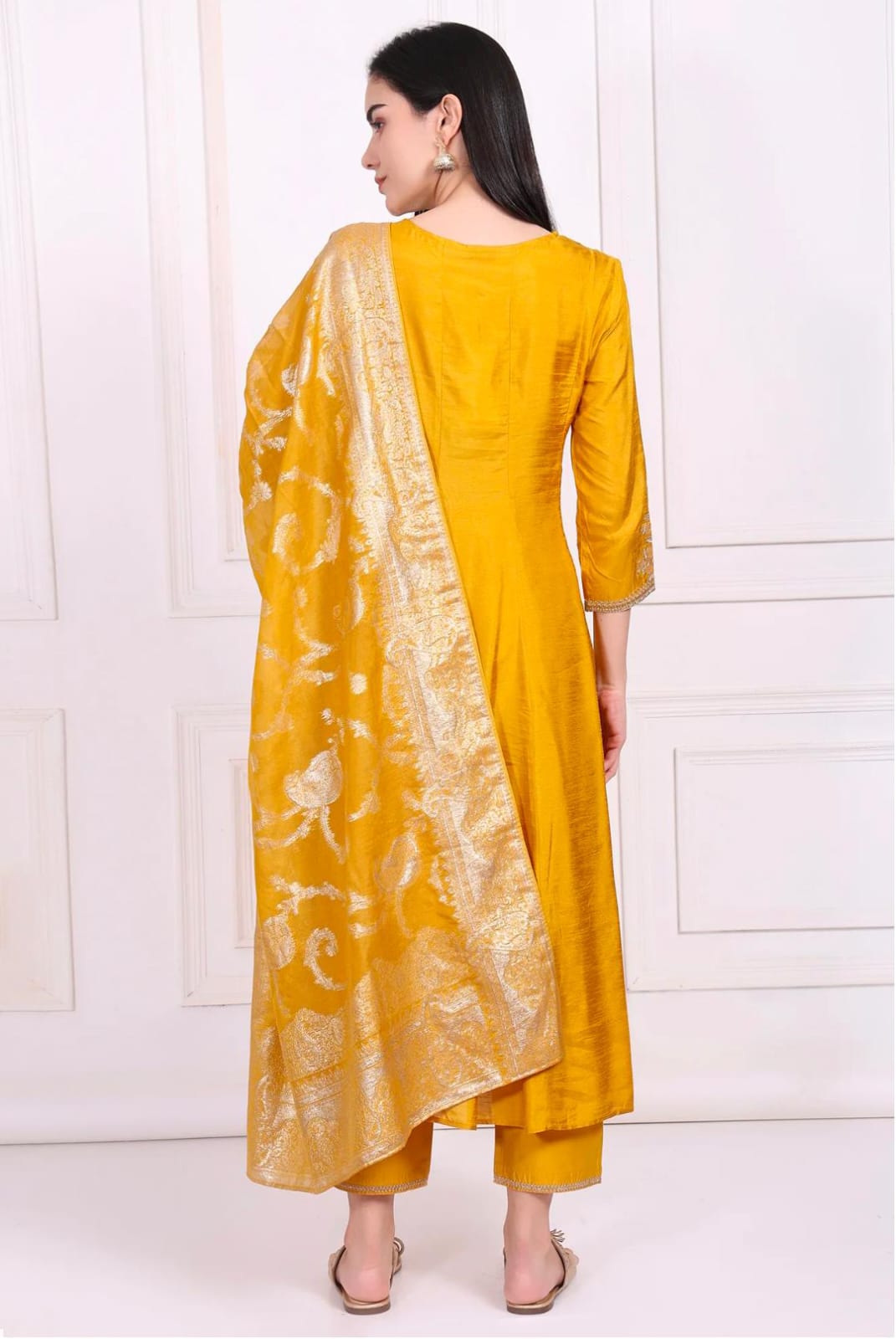 Yellow Embroidered Silk Flared Kurta, Straight Pants and Dupatta Set in Germany