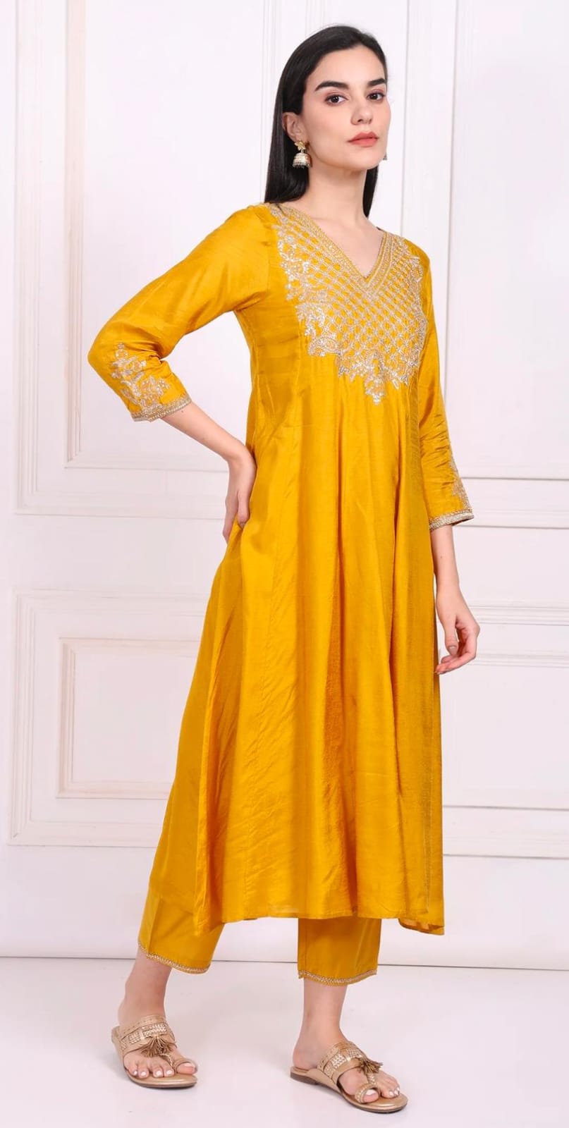 Yellow Embroidered Silk Flared Kurta, Straight Pants and Dupatta Set in Germany
