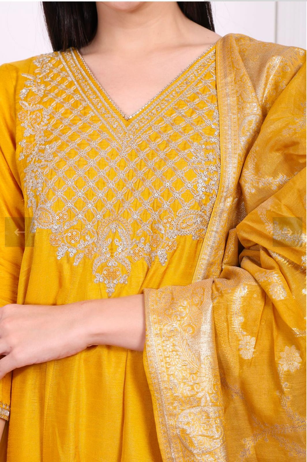 Yellow Embroidered Silk Flared Kurta, Straight Pants and Dupatta Set in Germany