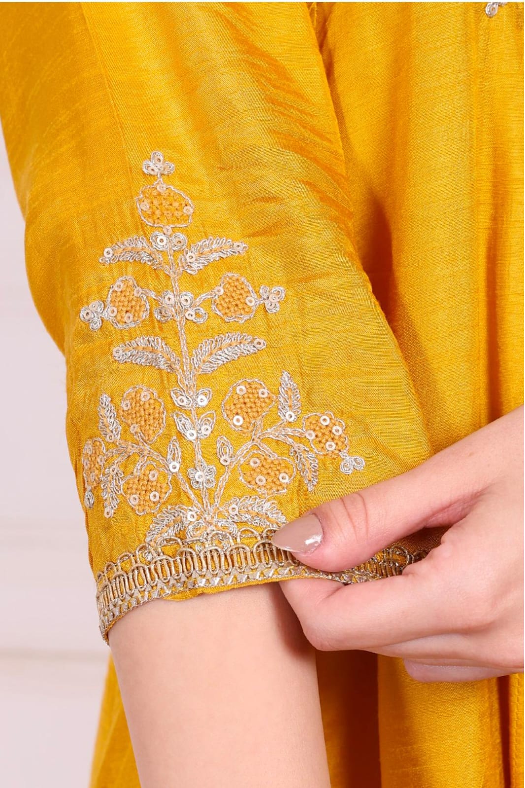 Yellow Embroidered Silk Flared Kurta, Straight Pants and Dupatta Set in Germany