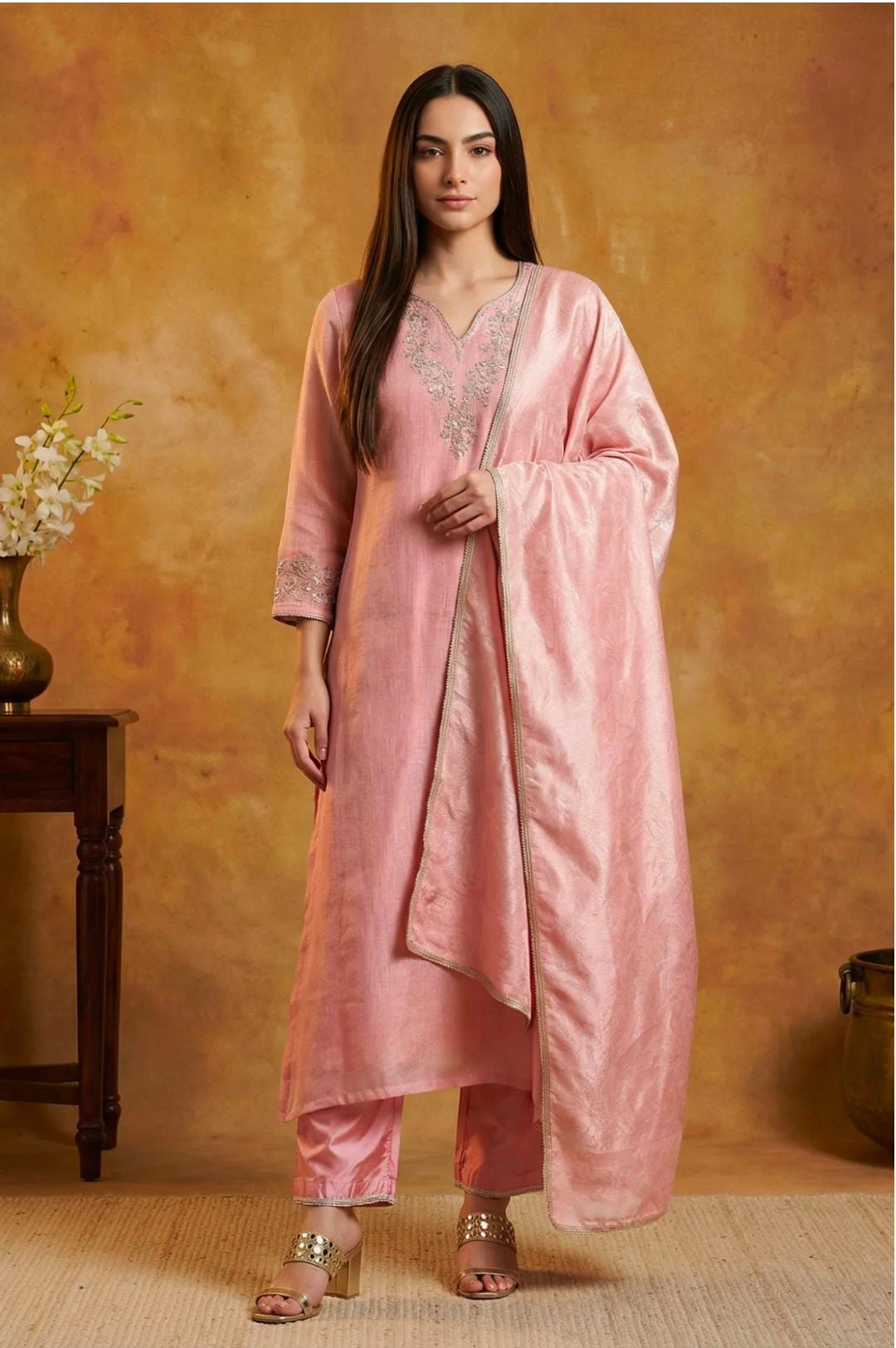 Pink Floral Tissue Straight Kurta with Straight Pant and Dupatta Set in Germany