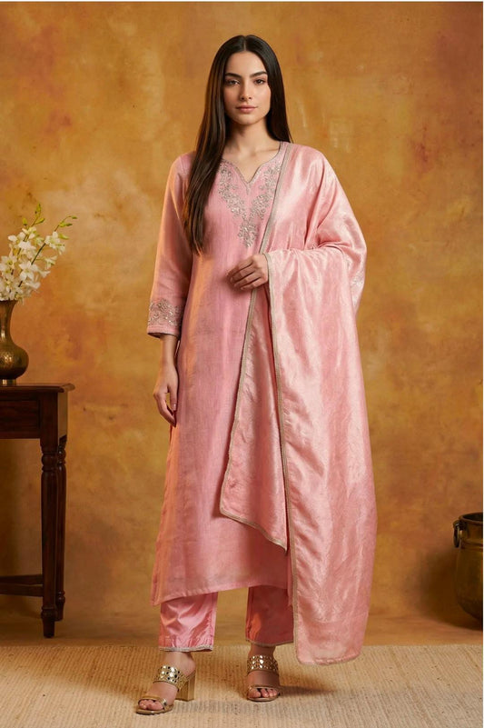 Pink Floral Tissue Straight Kurta with Straight Pant and Dupatta Set in Germany