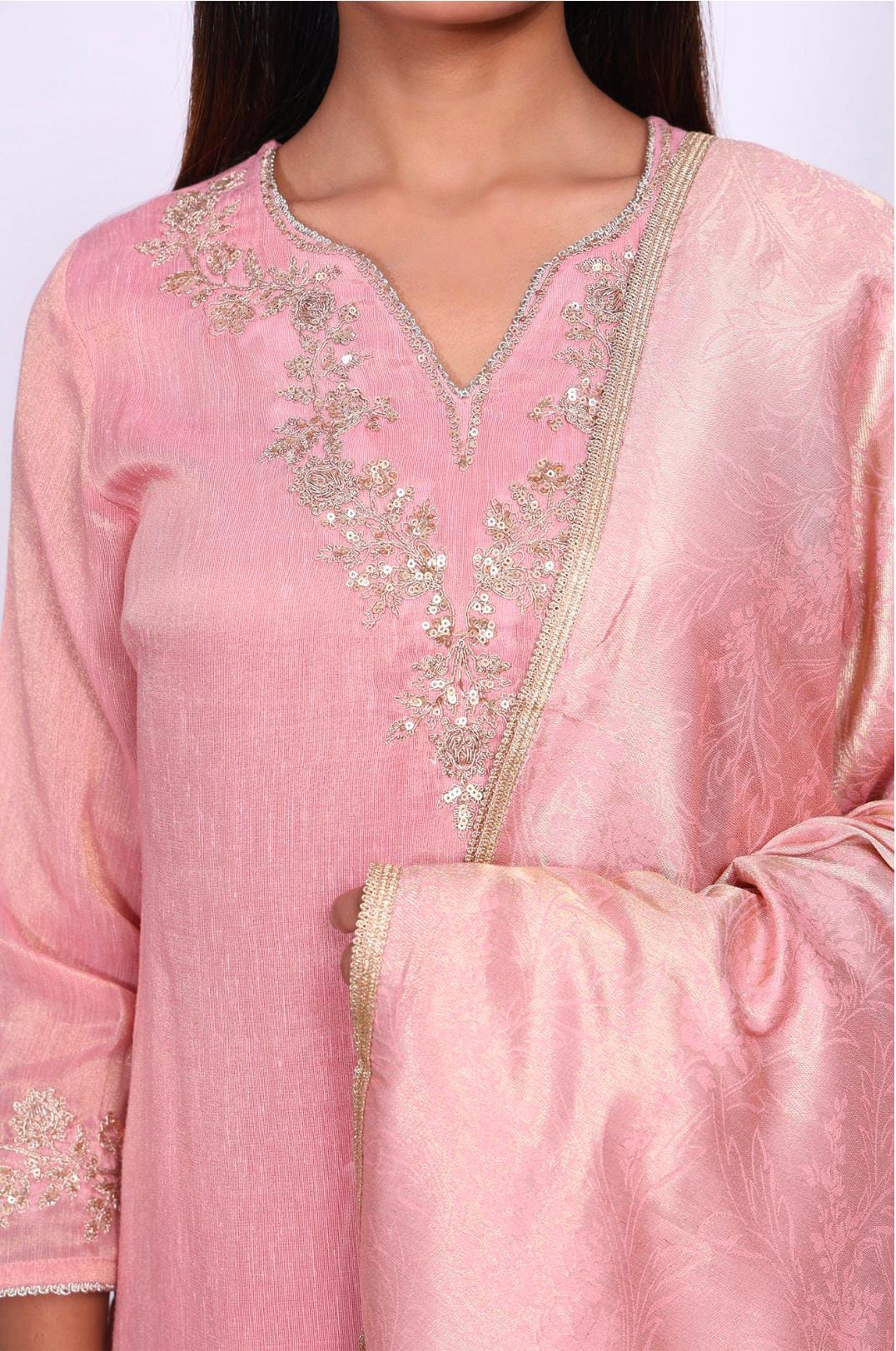 Pink Floral Tissue Straight Kurta with Straight Pant and Dupatta Set in Germany