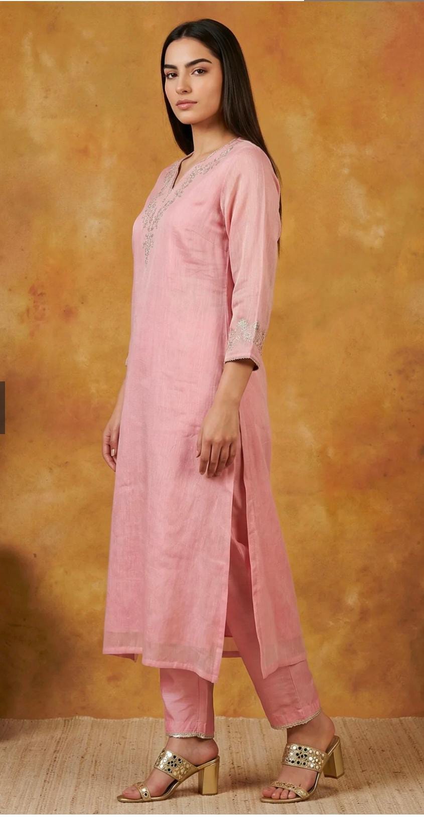 Pink Floral Tissue Straight Kurta with Straight Pant and Dupatta Set in Germany