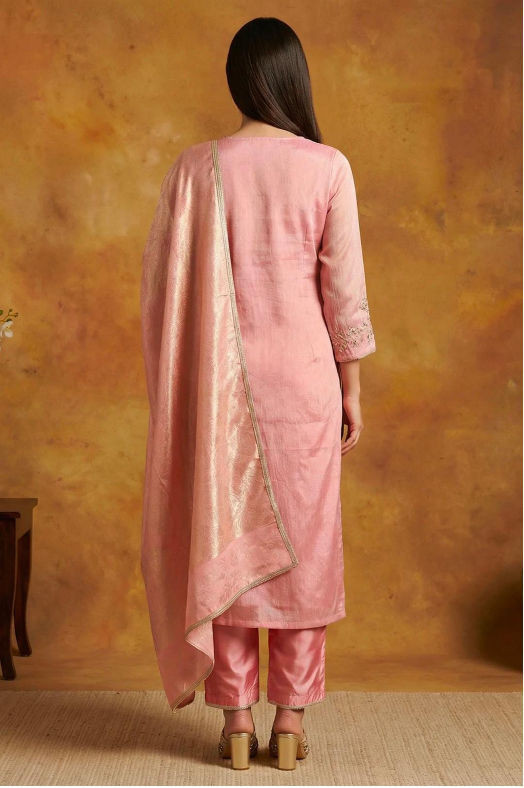 Pink Floral Tissue Straight Kurta with Straight Pant and Dupatta Set in Germany