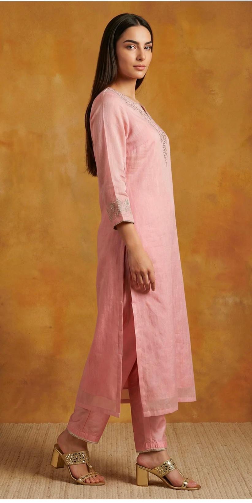 Pink Floral Tissue Straight Kurta with Straight Pant and Dupatta Set in Germany
