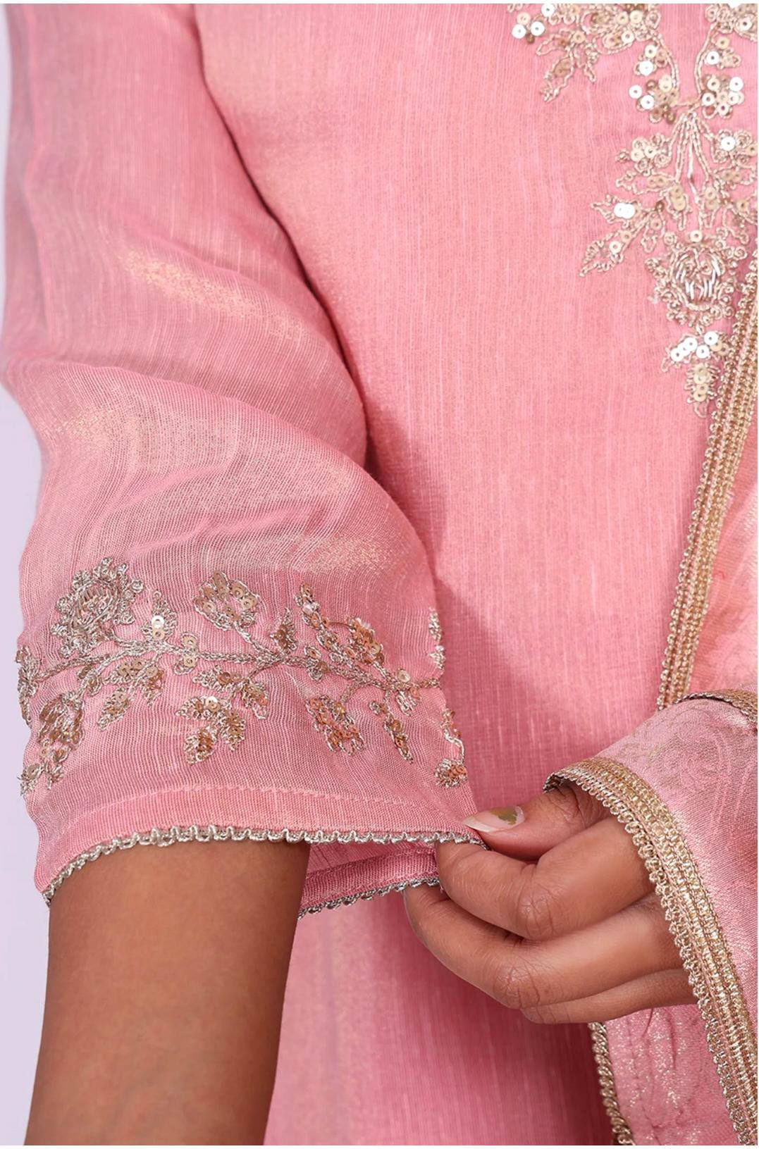 Pink Floral Tissue Straight Kurta with Straight Pant and Dupatta Set in Germany