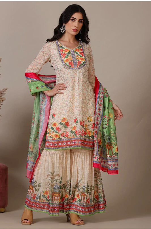 Beige Floral Printed Mirrir Work Short Kurta and Sharara Set with Dupatta in Germany