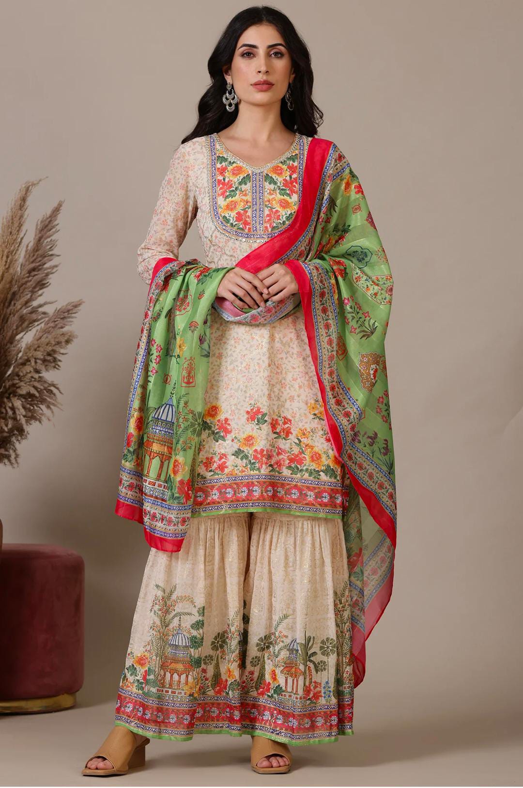 Beige Floral Printed Mirrir Work Short Kurta and Sharara Set with Dupatta in Germany