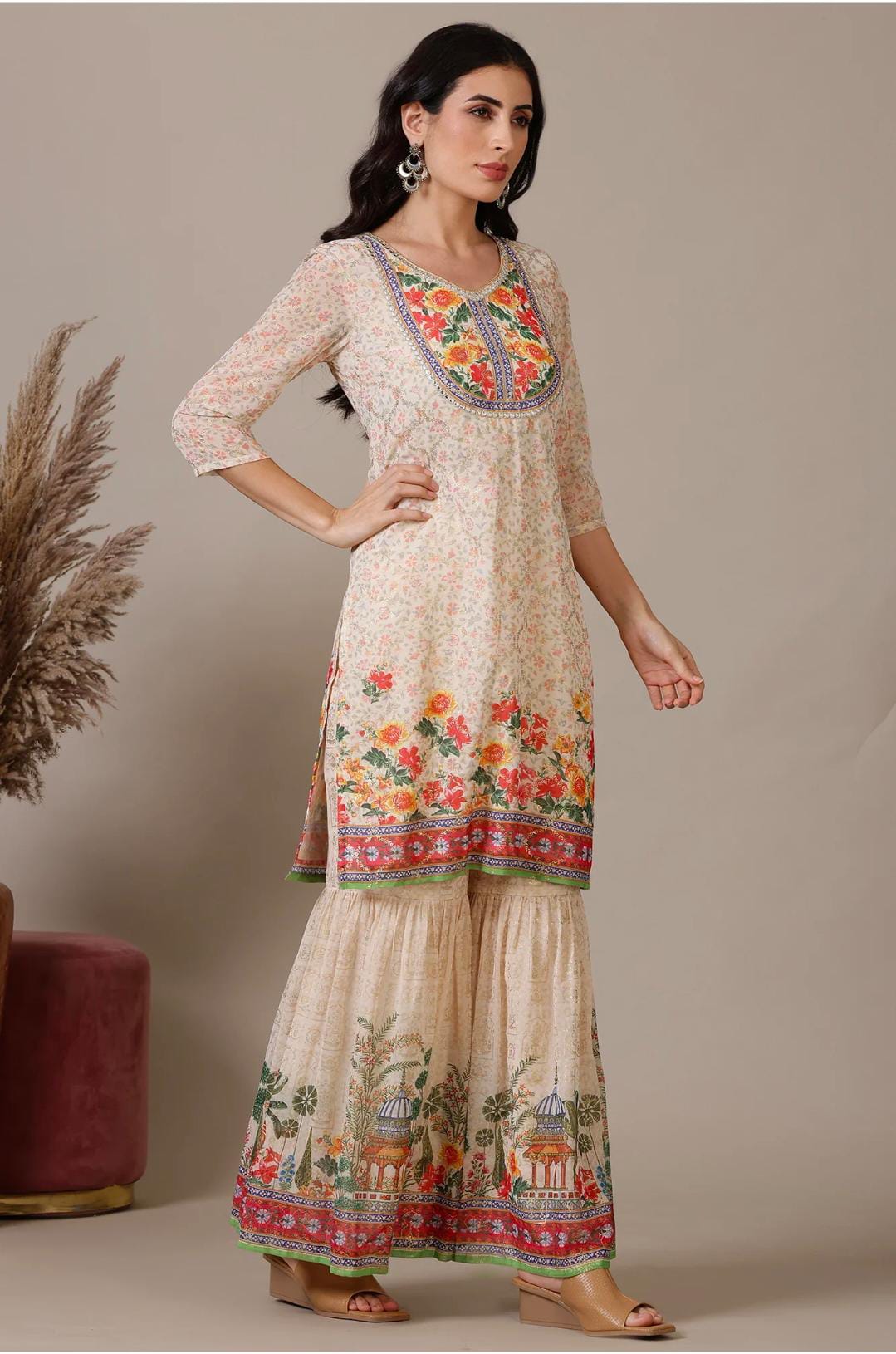 Beige Floral Printed Mirrir Work Short Kurta and Sharara Set with Dupatta in Germany
