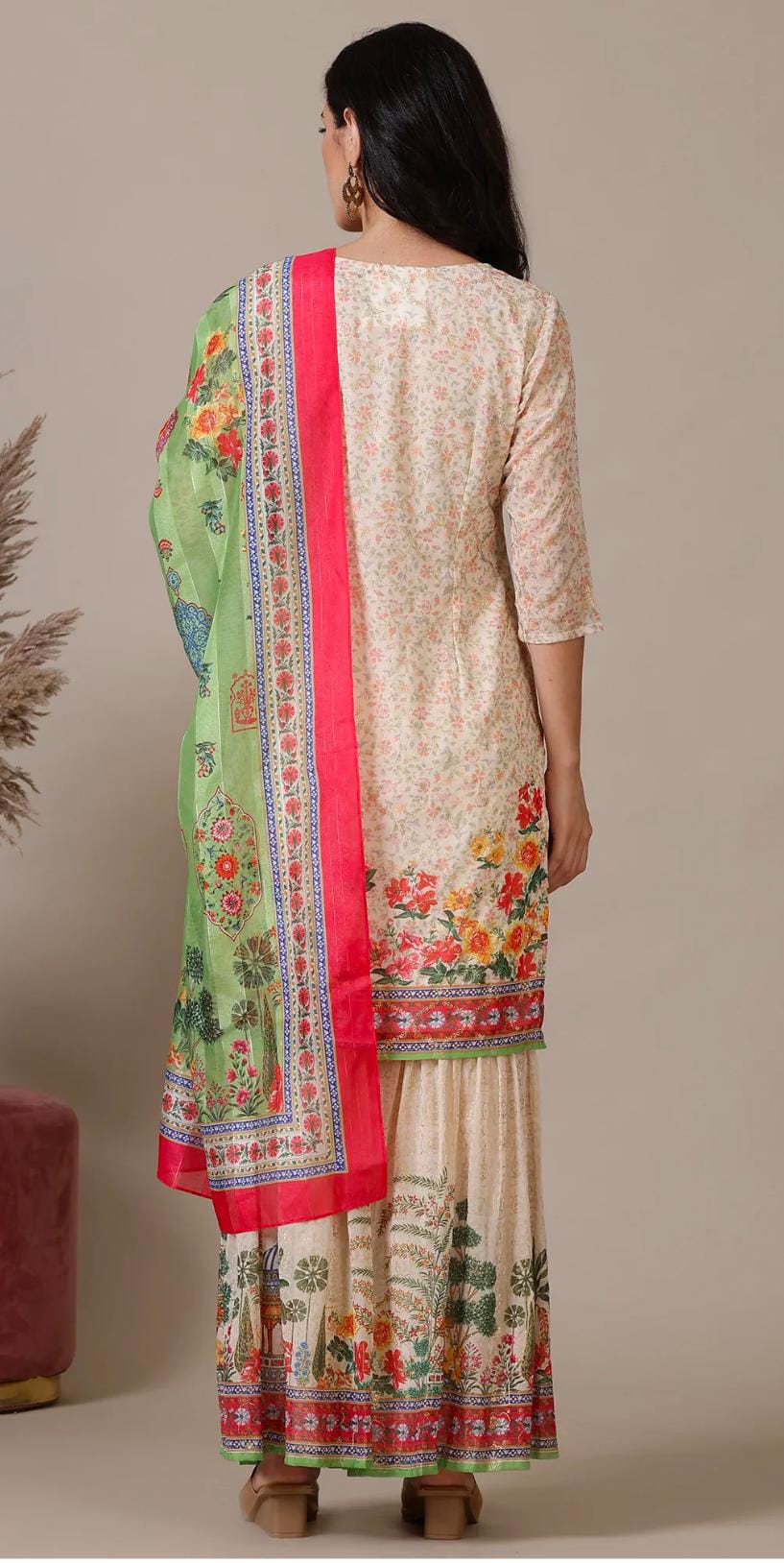 Beige Floral Printed Mirrir Work Short Kurta and Sharara Set with Dupatta in Germany