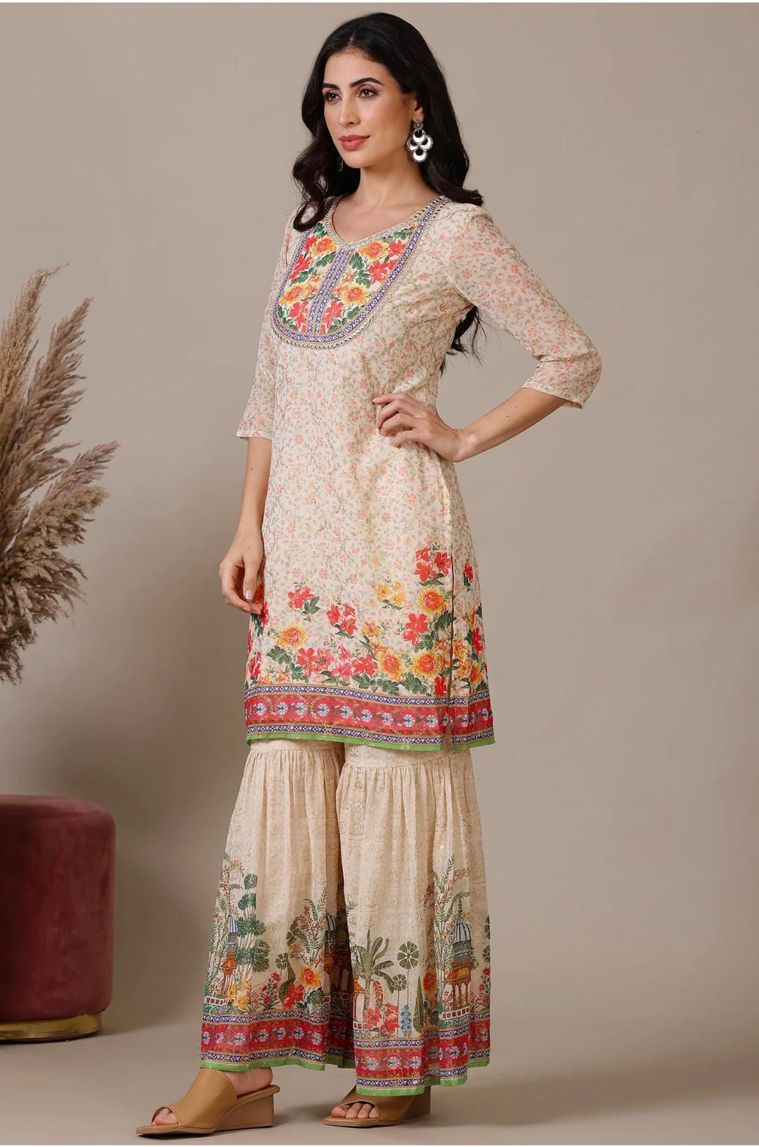 Beige Floral Printed Mirrir Work Short Kurta and Sharara Set with Dupatta in Germany