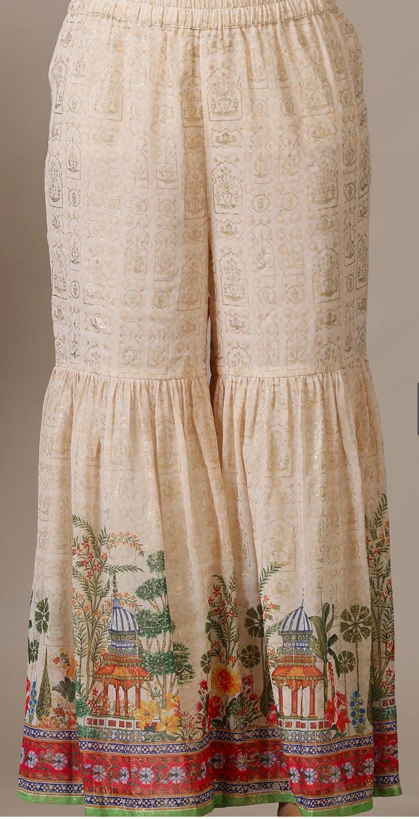 Beige Floral Printed Mirrir Work Short Kurta and Sharara Set with Dupatta in Germany