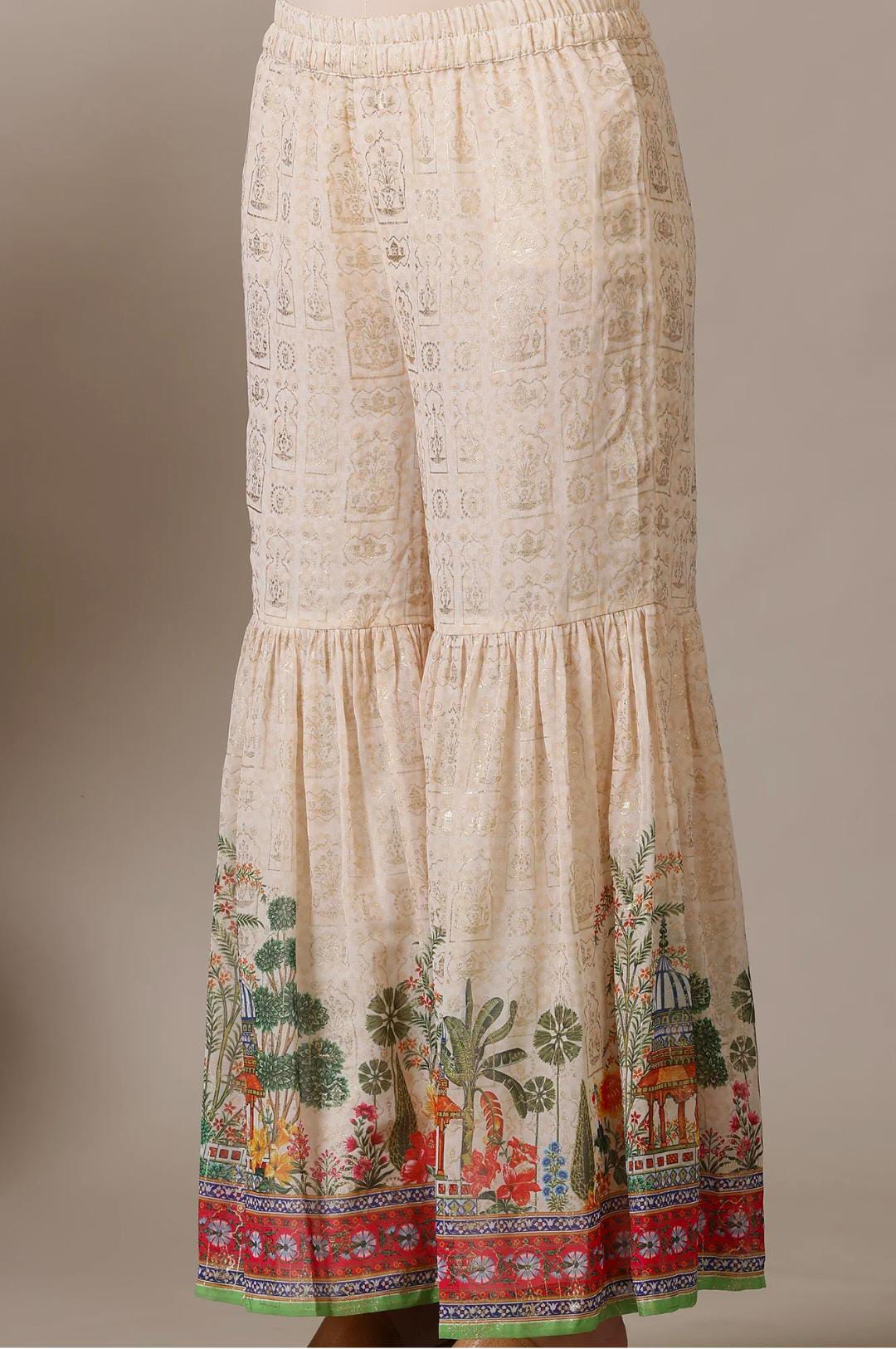 Beige Floral Printed Mirrir Work Short Kurta and Sharara Set with Dupatta in Germany