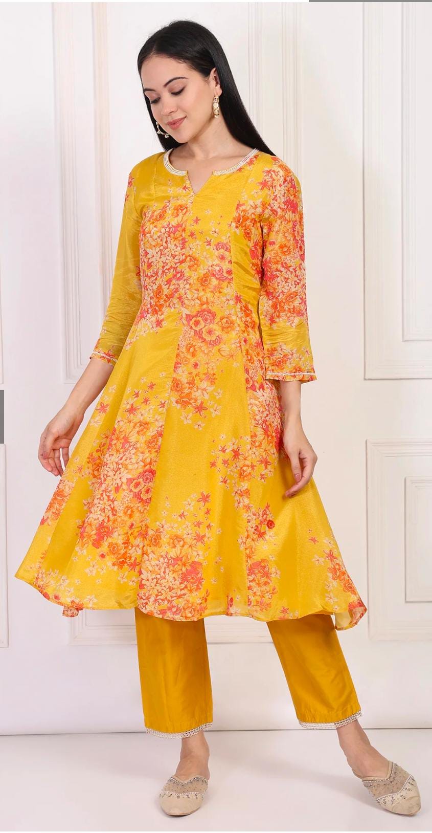 Yellow Floral Printed Beaded A-Line Tissue Kurta with Straight Pant Set in Germany