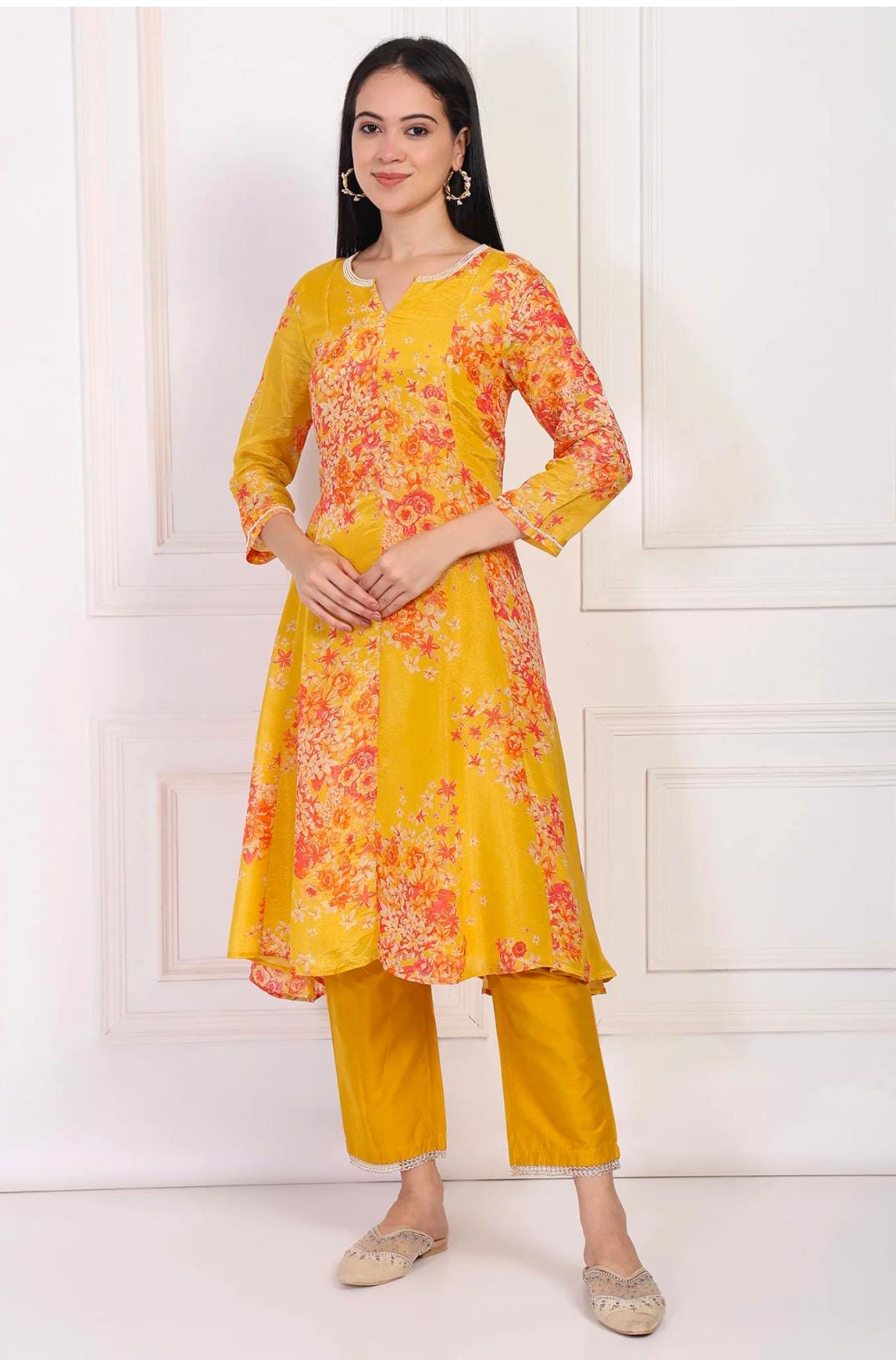 Yellow Floral Printed Beaded A-Line Tissue Kurta with Straight Pant Set in Germany