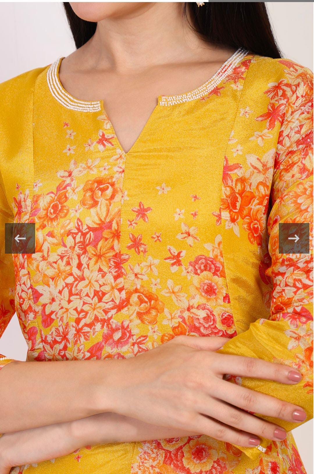Yellow Floral Printed Beaded A-Line Tissue Kurta with Straight Pant Set in Germany